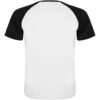 Rückansicht eines Kurzarmshirts mit schwarzen Ärmeln und weißem Körper.