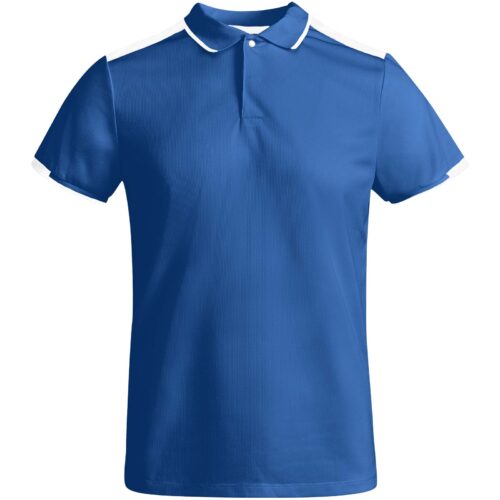 Blaues Kurzarm-Poloshirt mit weißem Kragen und Ärmelbesatz, abgebildet auf weißem Hintergrund.