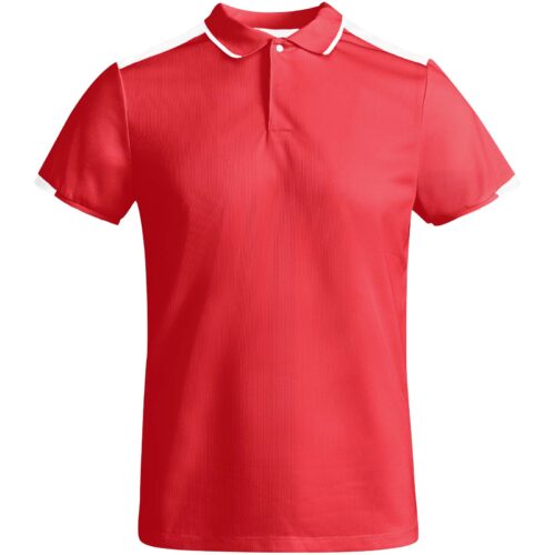 Rotes Kurzarm-Poloshirt mit weißem Kragenbesatz und weißen Akzenten an den Schultern.