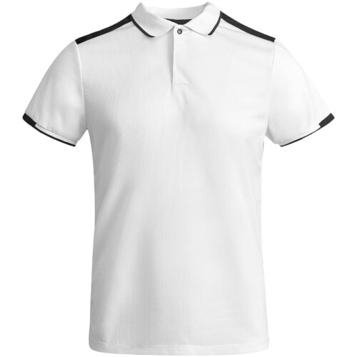 Weißes Poloshirt mit schwarzen Akzenten an Schultern, Ärmelkanten und Kragenbesatz.