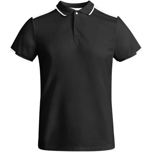 Schwarzes Poloshirt mit weißem Kragenbesatz und weißen Streifen an Schultern und Ärmeln.