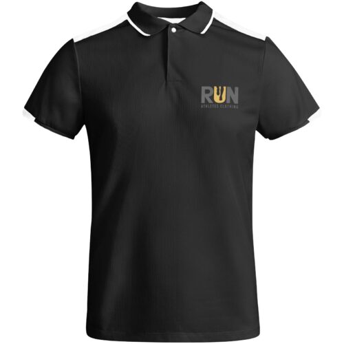 Schwarzes Poloshirt mit weißem Besatz und RUN ATHLETIC CLOTHING-Logo auf der linken Brust.