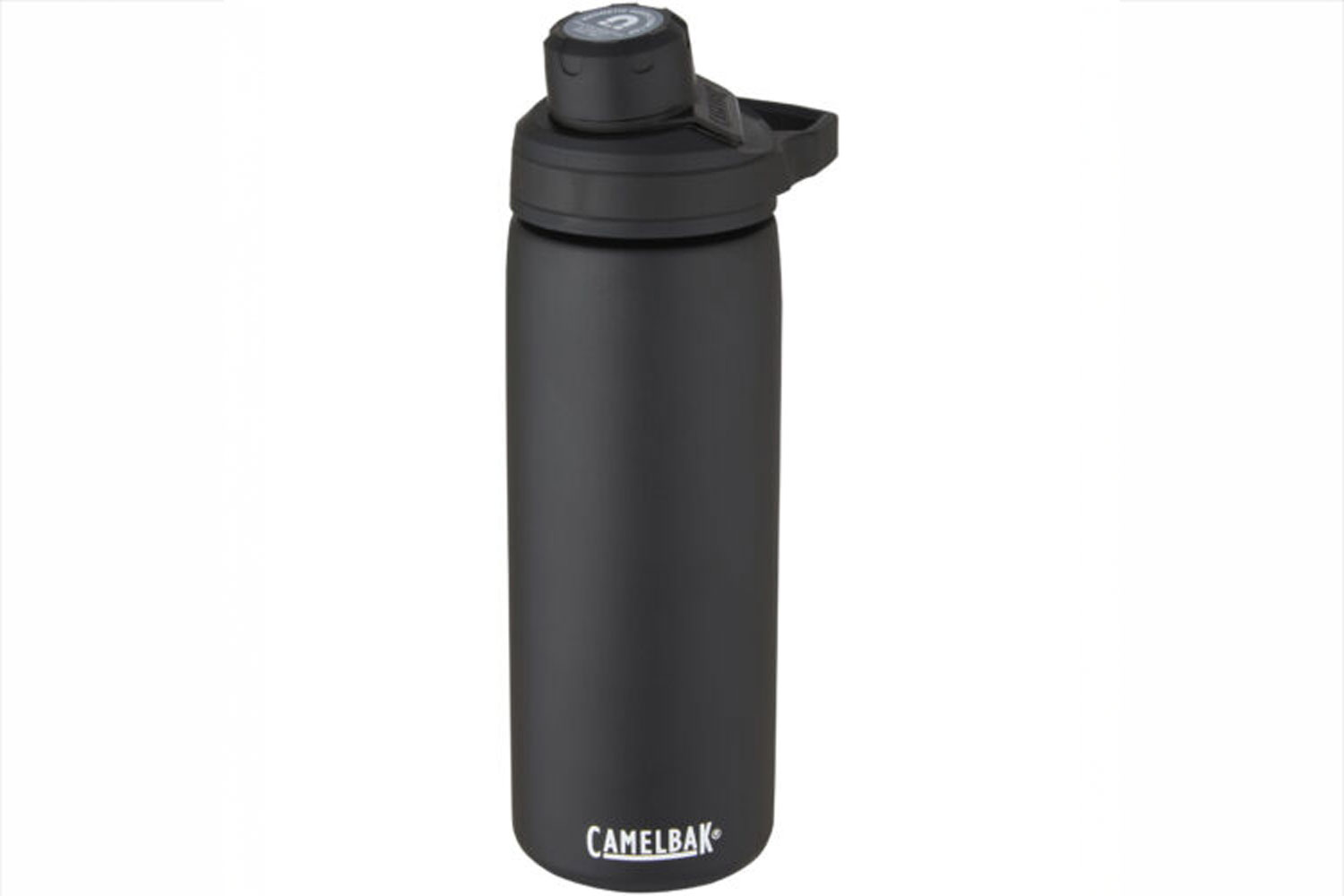 Schwarze CamelBak-Wasserflasche mit Ausgussdeckel. Personalisierte Trinkflasche