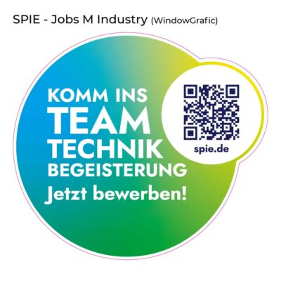 Bunter SPIE–Jobs M-Aufkleber mit QR-Code und deutschem Bewerbungstext.