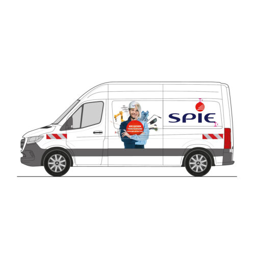 Grafik einer Seitenansicht eines Lieferwagens mit SPIE-Logo und dem Foto einer Frau darauf.