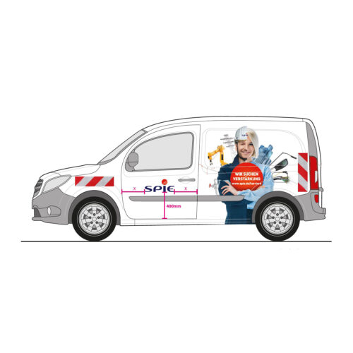 Firmenwagen mit Grafik eines lächelnden Arbeiters, der ein Schild mit der Aufschrift „Wir suchen Verstärkung“ hält.