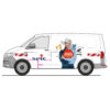 Lieferwagen mit Spie-Logo und einer abgebildeten Frau, die an der Seite ein Rekrutierungsschild hält.