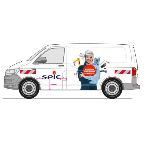 Lieferwagen mit Spie-Logo und einer abgebildeten Frau, die an der Seite ein Rekrutierungsschild hält.