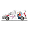 Illustrierter Lieferwagen mit Sicherheitssymbolen und einer Frau, die ein Rekrutierungsschild hält.