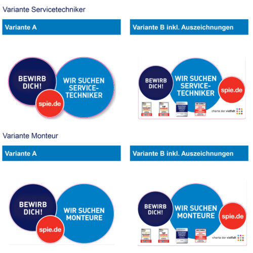 Grafiken zur Stellenbesetzung mit verschiedenen Layouts und Textblasen.