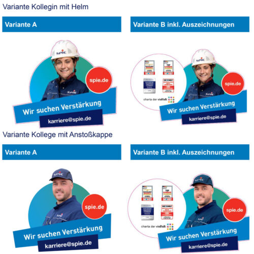 Vier Bilder von Personen, die Arbeitskleidung und Hüte oder Helme mit dem Logo von SPIE.de tragen.