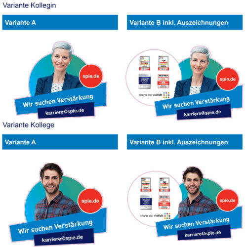 Vier Mitarbeiter-Stellenanzeigen, zwei mit einer Frau und zwei mit einem Mann.