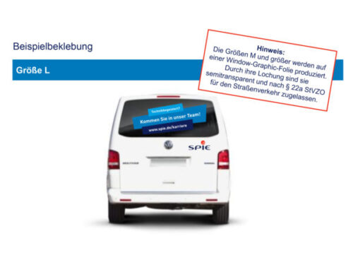 Weißer Lieferwagen mit „SPIE“-Logo und blauer Fenstergrafik auf der Rückseite.