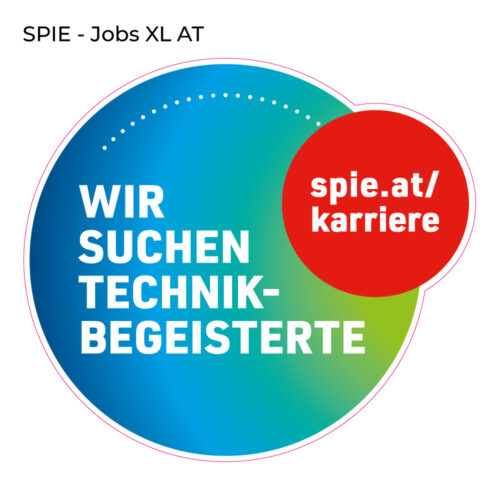 Farbverlaufskreis mit Text „Wir suchen Technikbegeisterte“ und „spie.at/karriere“.