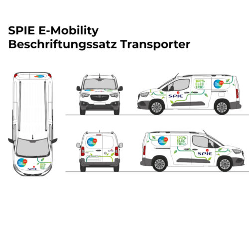 Diagramm eines weißen Elektrotransporters von SPIE E-Mobility, das verschiedene Winkel und Markenzeichen zeigt.