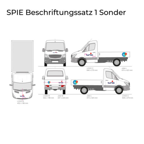 Diagramme eines weißen SPIE-Lieferwagens aus mehreren Winkeln mit Maßangaben.