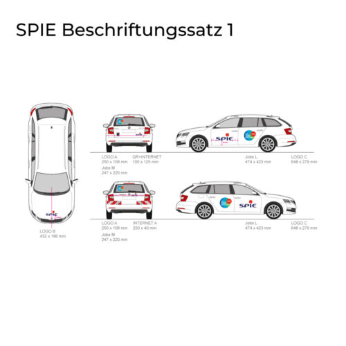 Auto-Design-Entwurf mit SPIE-Logos und verschiedenen Maßangaben in Deutsch.
