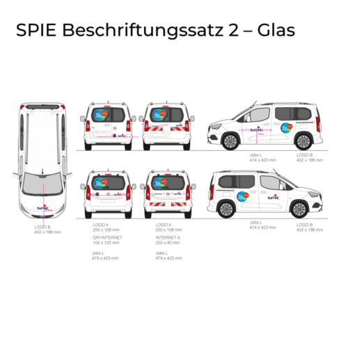 Van-Aufkleber-Designmodell mit Logos und Maßen, beschriftet mit „SPIE Beschriftungssatz 2 – Glas“.