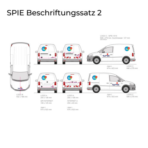 Transportergrafik mit mehreren Logos und Maßangaben in deutschem Text.