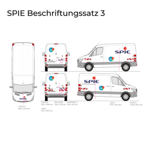 Abbildung eines Lieferwagens mit SPIE-Markenzeichen aus mehreren Winkeln mit Maßangaben.