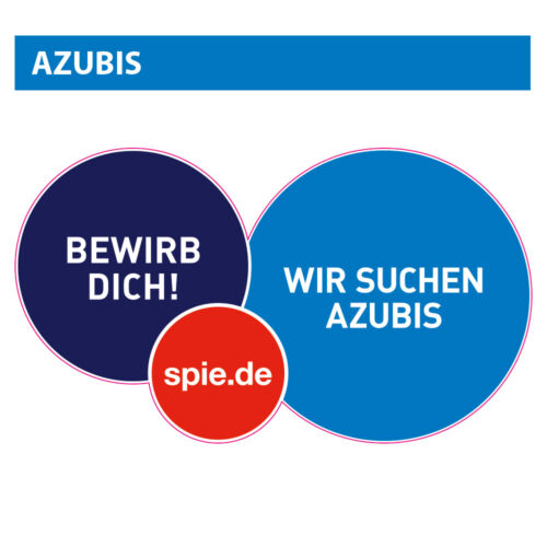 Grafik mit Kreisen: „Bewirb dich!“, „Wir suchen Azubis“ und „spie.de“.
