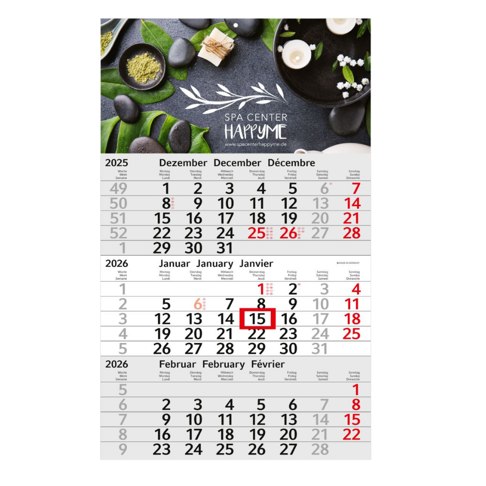 Dreisprachiger Kalender 2025–2026 mit Spa-Thema und rot markierten und hervorgehobenen Daten.