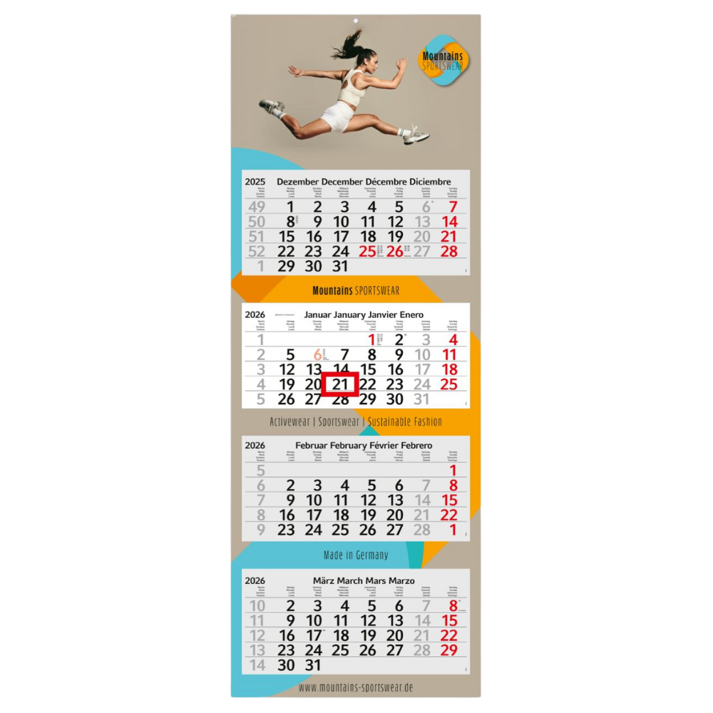 Eine Frau in Sportkleidung springt über einen dreisprachigen Wandkalender 2025–2026.