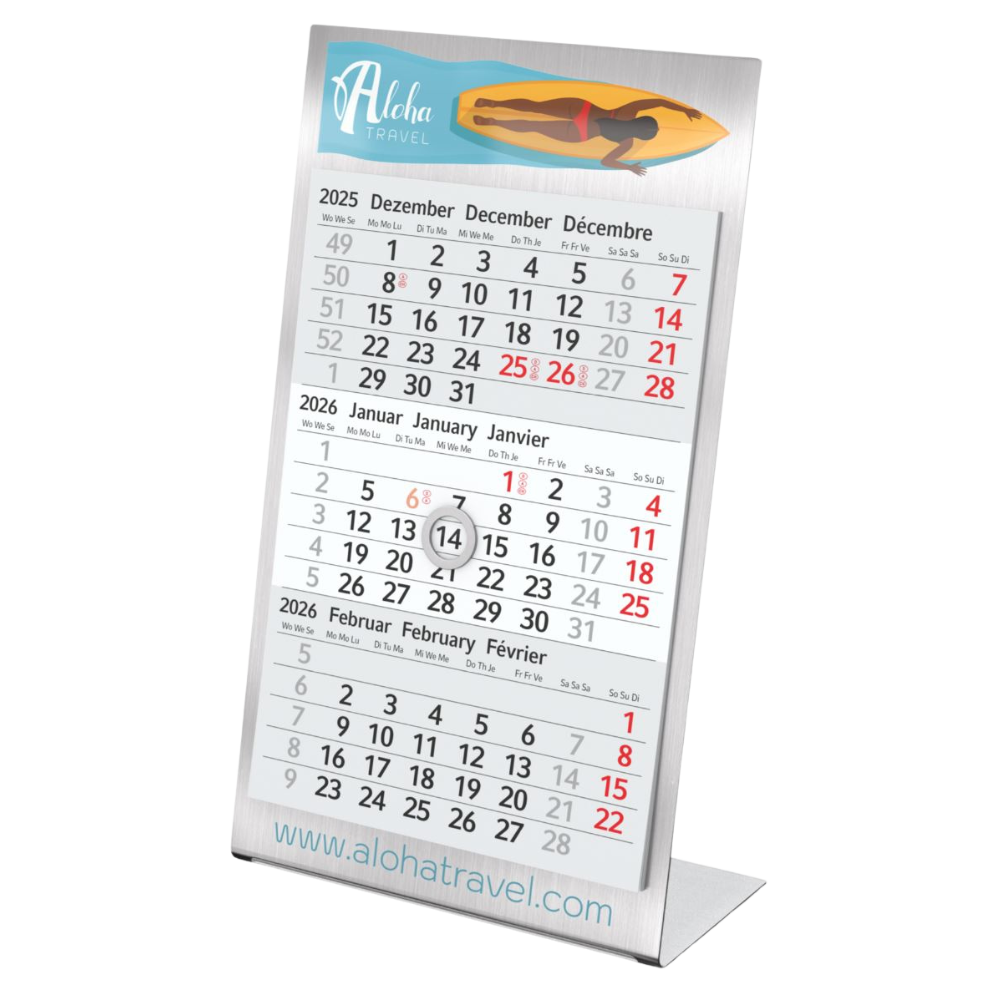Dreifach gefalteter Kalender für Dezember 2025–Februar 2026 mit Aloha Travel-Logo und Website.