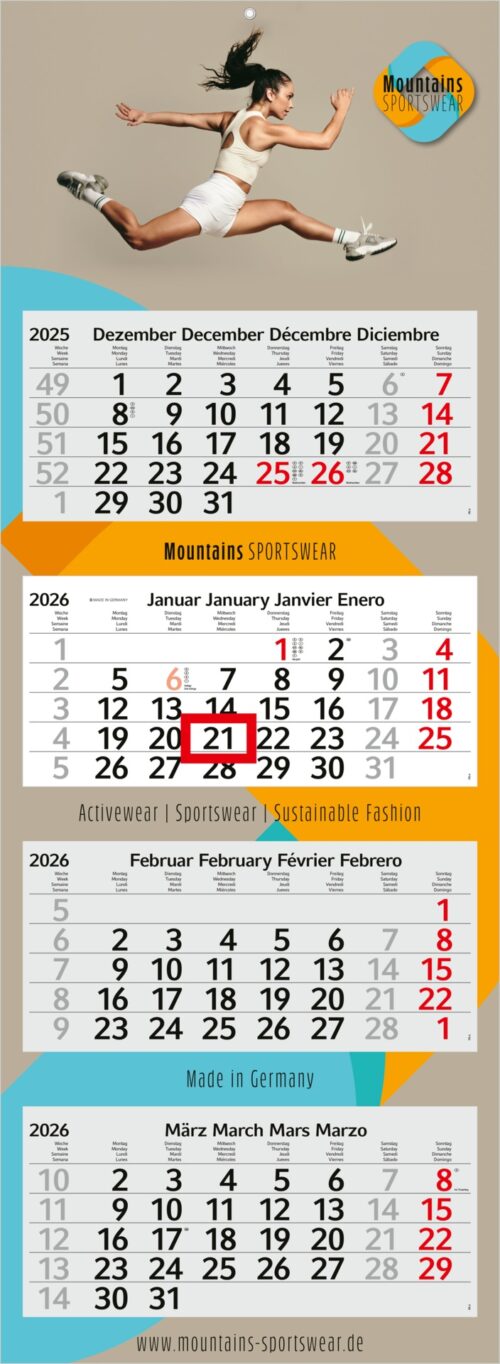 Eine Frau in Sportkleidung springt über einen 3-Monatskalender für 2025 von Mountains Sportswear.