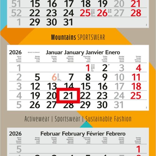Eine Frau in Sportkleidung springt über einen 3-Monatskalender für 2025 von Mountains Sportswear.