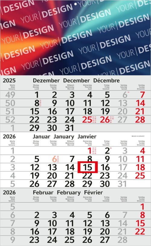 Ein dreisprachiger Kalender für 2025–2026, wobei der 15. Januar 2026 rot hervorgehoben ist.