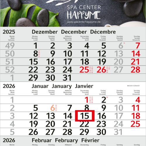 Spa-Kalender für den Winter 2025–2026 mit den Monaten Dezember, Januar und Februar.