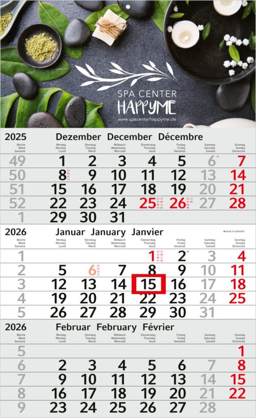 Spa-Kalender für den Winter 2025–2026 mit den Monaten Dezember, Januar und Februar.