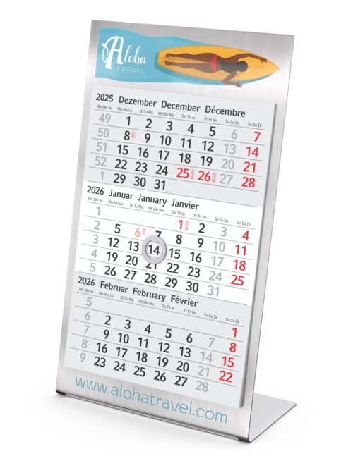 Ein Aloha Travel-Tischkalender 2025–2026 mit Monaten in Deutsch, Englisch und Französisch.
